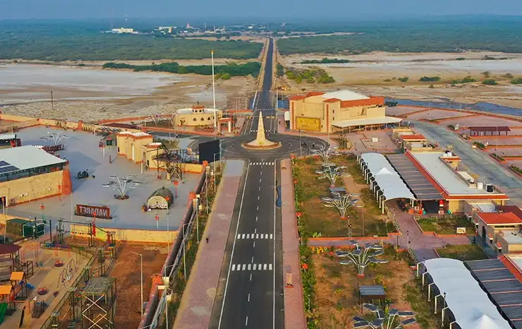 A vibrant view of Nadabet Seema Darshan with cultural displays and military ceremonies near the Indo-Pak Border in Gujarat.