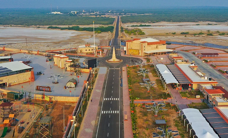 A vibrant view of Nadabet Seema Darshan with cultural displays and military ceremonies near the Indo-Pak Border in Gujarat.