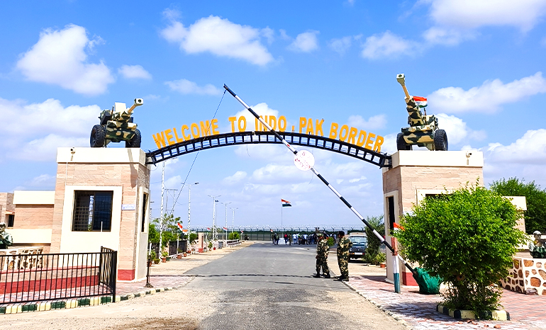 A scenic view of Nadabet Seema Darshan at the Indo-Pak Border with military displays and cultural insights.