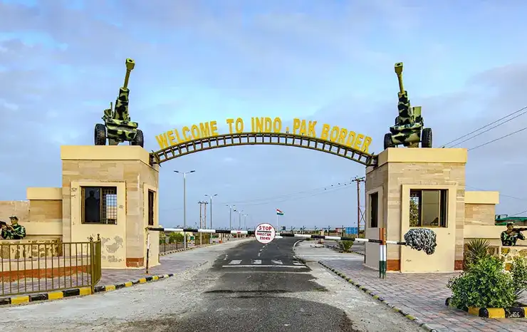 Panoramic view of Nadabet Indo-Pak Border showcasing murals, retreat ceremony, and adventure activities